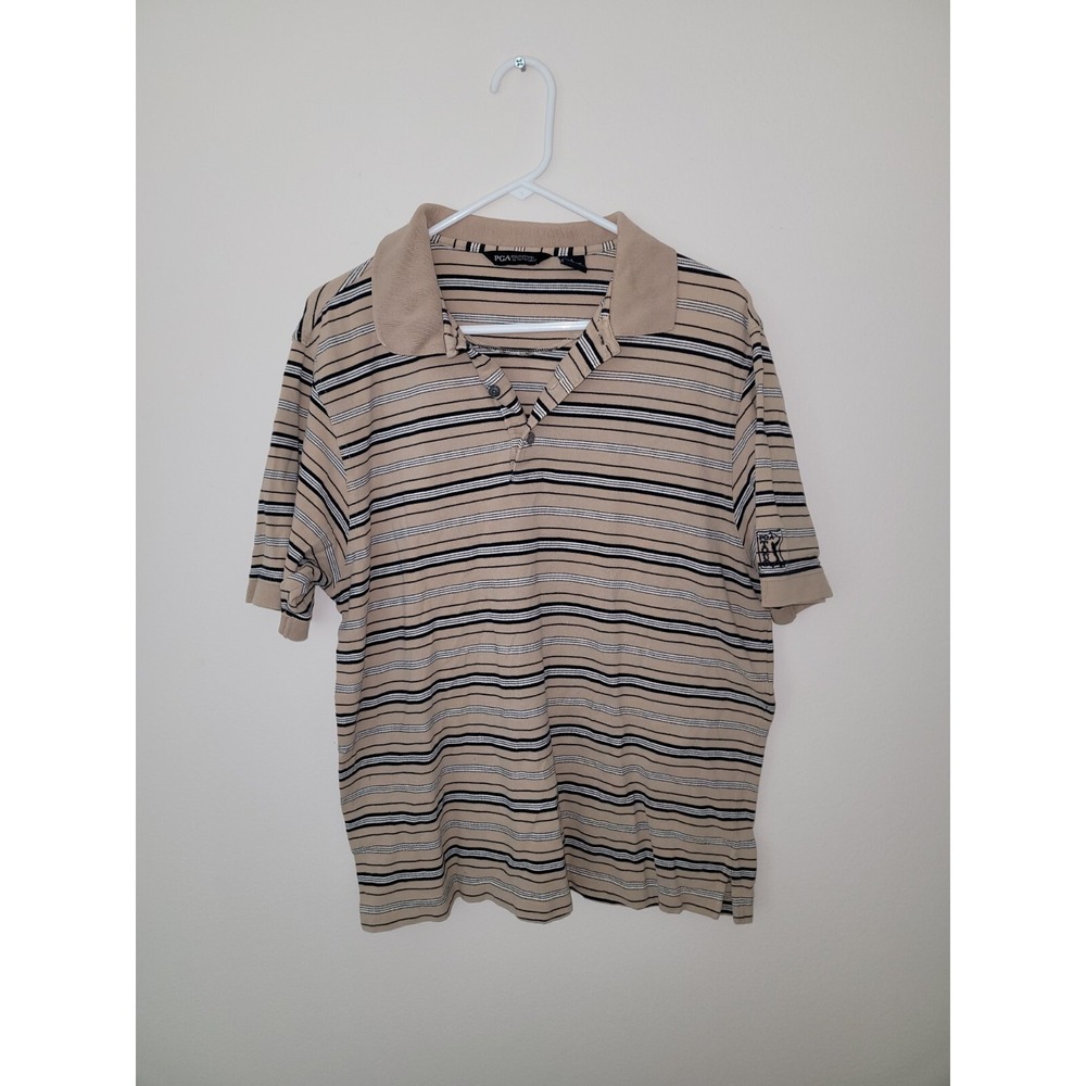 PGA Tour Tan Striped Short Sleeve Polo Shirt‎ Men's Size L